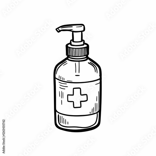 Black and white sketch of hand sanitizer pump bottle. Vintage-style medical illustration with cross symbol. Concept: hygiene products, medical supplies, sanitization