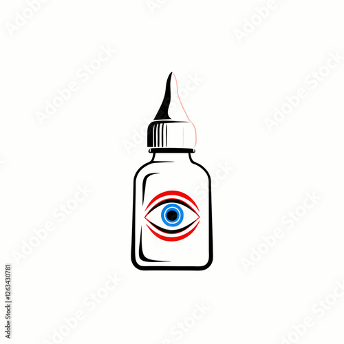 Modern eye drops bottle with stylized eye logo design. Clean lines and striking color combination create memorable branding. Concept: eye care, optical services