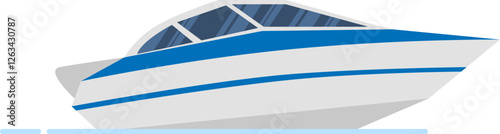 Modern white cabin cruiser featuring blue stripes, gliding smoothly across a tranquil sea, embodying the essence of summer vacations, travel adventures, and leisurely activities