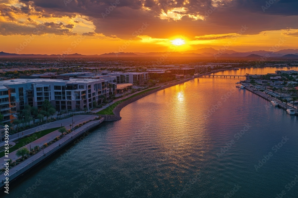 A city skyline with a beautiful sunset in the background, reflected on the water A city skyline with a beautiful sunset in the background, reflected on the water