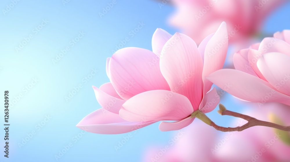 Fototapeta premium Light pink magnolia blossoms bloom against a clear blue sky, creating an elegant and fresh spring aesthetic in soft warm light
