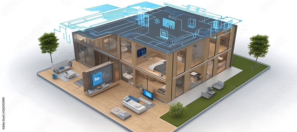 A high-tech smart home with integrated technology, modern furnishings, and innovative features A high-tech smart home with integrated technology, modern furnishings, and innovative features