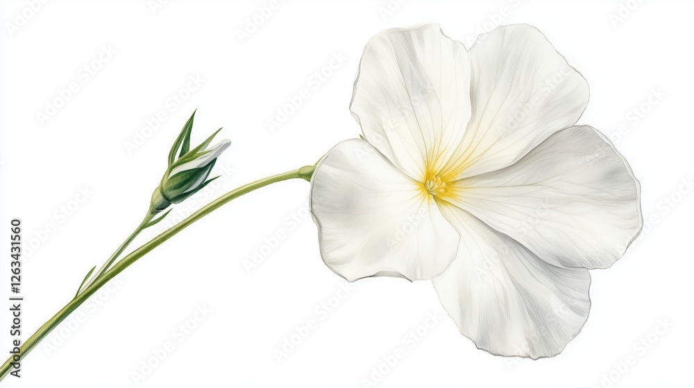 Fototapeta premium Elegant watercolor painting of a delicate white primrose flower with a soft yellow center and green stem, ideal for botanical designs.