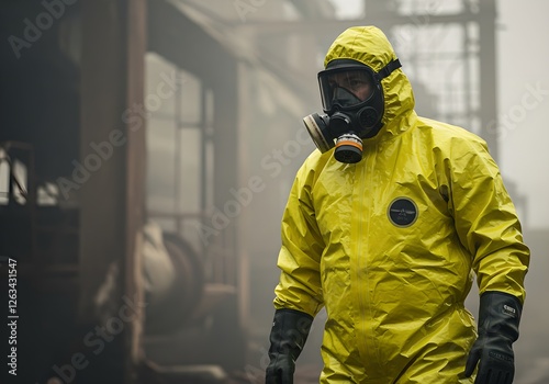 Emergency responder in yellow hazmat suit and gas mask at chemical accident scene. Industrial safety, toxic spill cleanup, and disaster response concept.