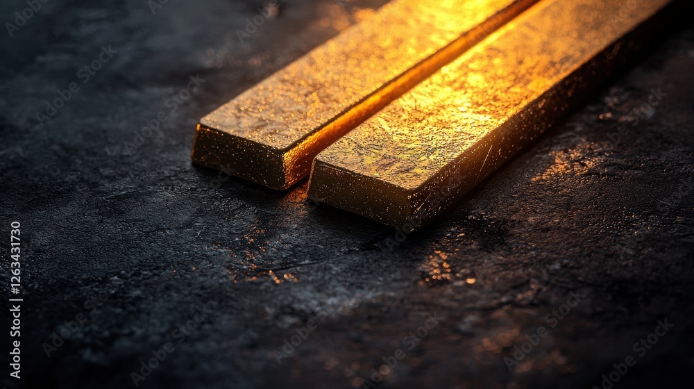 Glimmering Gold Bars on Dark Textured Surface in Soft Light Glimmering Gold Bars on Dark Textured Surface in Soft Light