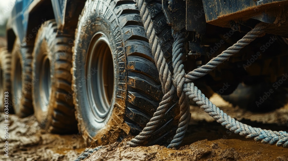 Mud-caked tires, thick rope, off-road struggle. Mud-caked tires, thick rope, off-road struggle.