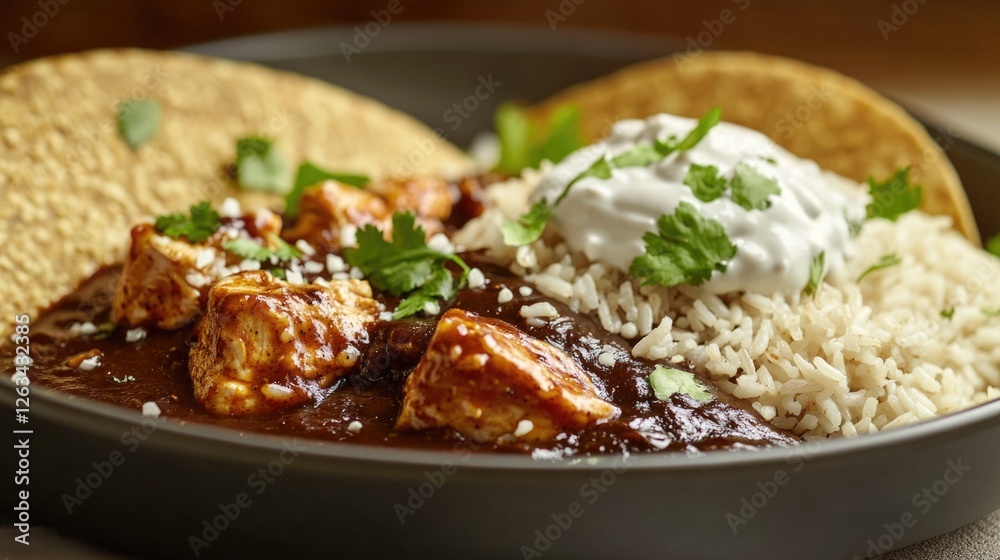 A bowl of Mexican-inspired food, containing cooked rice and various meats, served alongside a tortilla A bowl of Mexican-inspired food, containing cooked rice and various meats, served alongside a tortilla