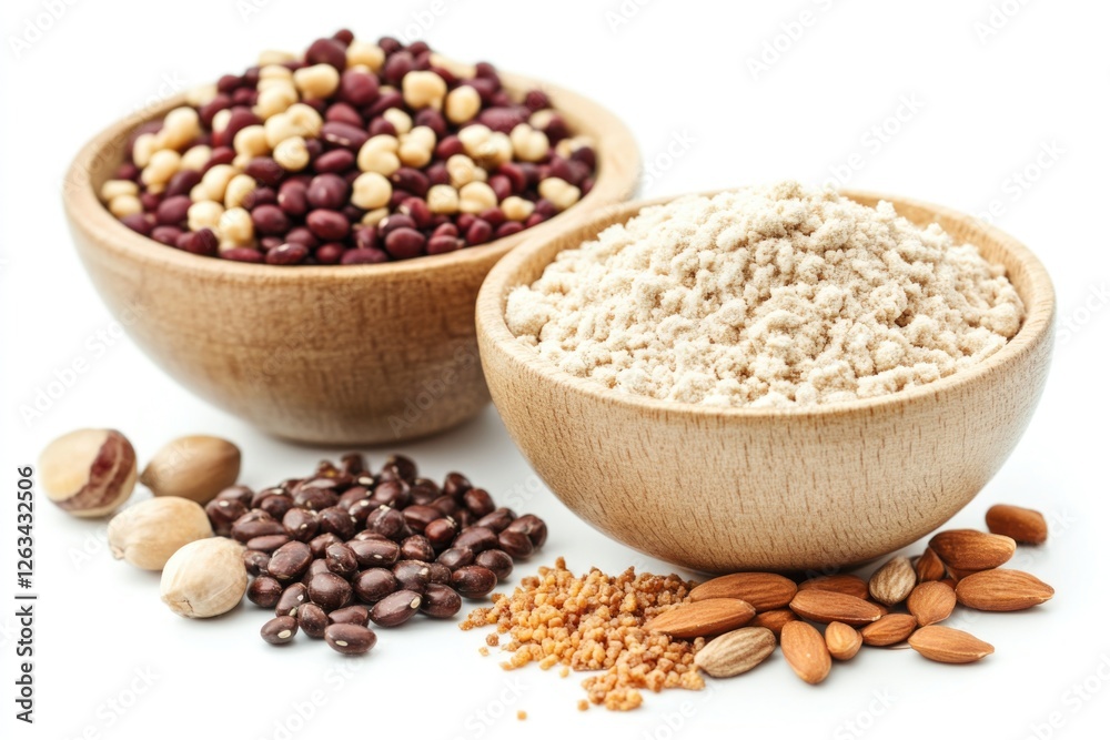 Two natural wood bowls filled with various nuts for snacking or decoration Two natural wood bowls filled with various nuts for snacking or decoration