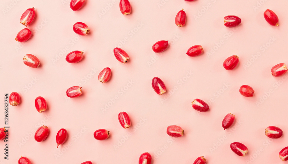 Scattered pomegranate seeds on neutral background, vibrant freshness Scattered pomegranate seeds on neutral background, vibrant freshness