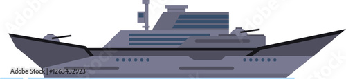 Modern warship sailing on calm sea, featuring cannons, radar antennas, and advanced technology, representing naval military power and maritime defense