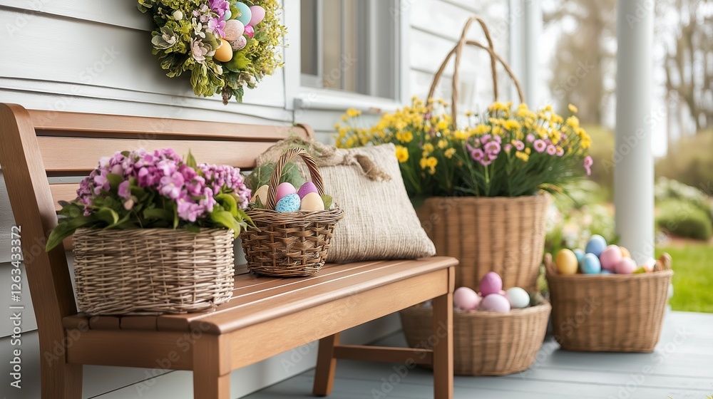 Fototapeta premium rustic farmhouse decorated for Easter, featuring a wooden bench, a wreath with eggs and flowers
