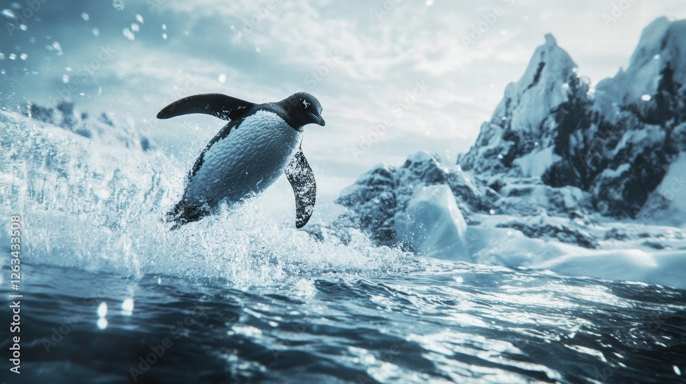 Obraz premium Penguin diving into icy waters
