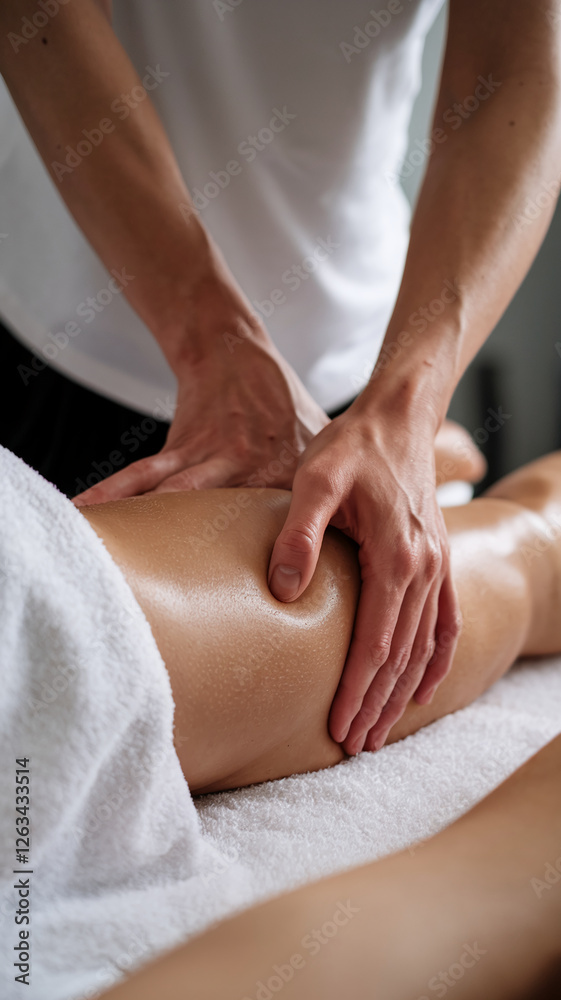 A close-up of a therapist performing a soothing leg massage on a client in a serene spa environment, representing relaxation, healing, and therapeutic care. A close-up of a therapist performing a soothing leg massage on a client in a serene spa environment, representing relaxation, healing, and therapeutic care.