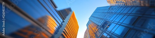Two towering skyscrapers standing adjacent in urban landscape, suitable for architecture or cityscape uses