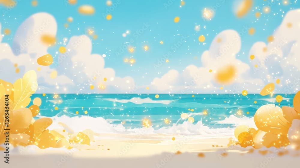 Mystical Scene of Glowing Stardust Falling from the Sky over Serene Ocean and Bright Sandy Shoreline Mystical Scene of Glowing Stardust Falling from the Sky over Serene Ocean and Bright Sandy Shoreline