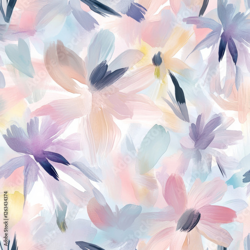 A modern, abstract floral illustration featuring soft, blurred watercolor strokes of flowers like daisies and tulips. The pastel pinks, purples, and blues give the design a dreamy, calming quality.