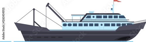 Fishing trawler boat sailing across the sea, serving the seafood industry as a commercial shipping vessel. Isolated vector illustration depicting a maritime scene with modern design elements