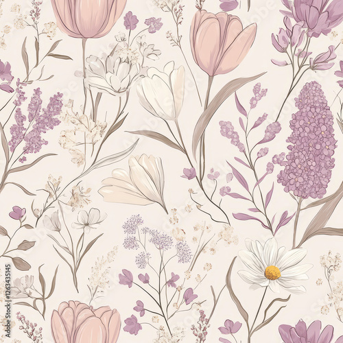 A delicate floral illustration with hand-drawn blossoms like tulips, daisies, and lilacs in soft shades of pink, cream, and lavender. The design feels elegant, sophisticated, and feminine.