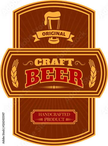 Brown and gold vintage label showcasing original craft beer, highlighting a full beer glass alongside wheat stalks and featuring the words handcrafted product in elegant typography