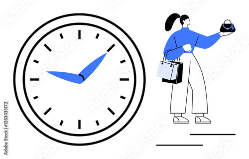 Woman holding item while carrying shopping bags next to large clock. Ideal for retail timing, productivity, efficiency, time management, punctuality, shopping habits, planning. Simple abstract line