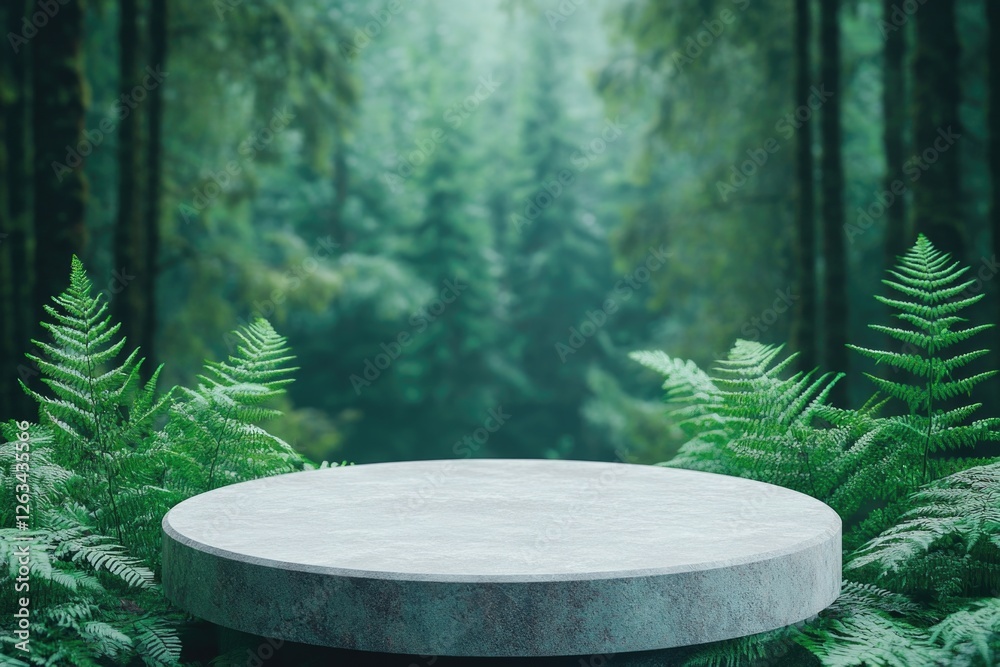 A wooden table surrounded by lush green ferns in a dense forest A wooden table surrounded by lush green ferns in a dense forest