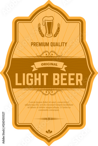 Vintage label for light beer featuring glass of beer with wheat, promoting premium quality and original taste, with decorative elements and sample text