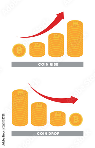 An illustration of a rising and falling graph of Bitcoin, an online cryptocurrency created using blockchain technology.