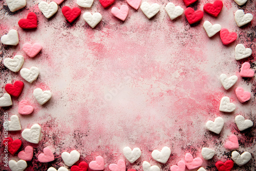 Heart-shaped sugar cookies in red, pink, and white forming a border on a soft pink textured background – ideal for Valentine’s Day stock images, bakery promotions, and love-themed visuals