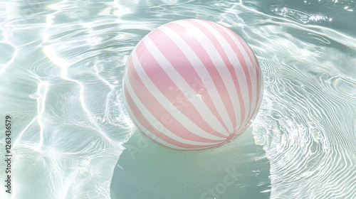 A pink and white striped beach ball floating on clear, sparkling water, symbolizing relaxation, summer, and vacation. A perfect representation of fun at the pool or beach. photo