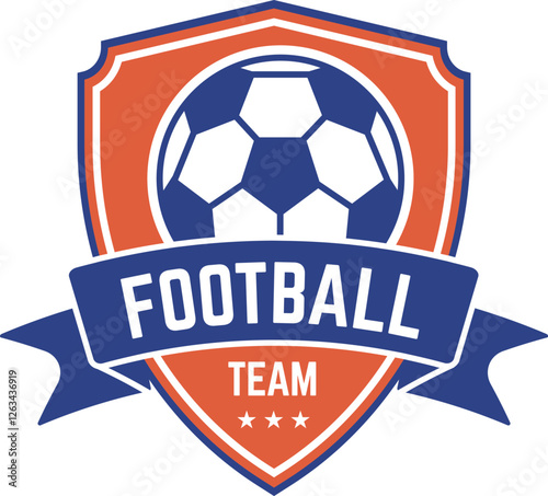 Football team logo featuring a dynamic ball and an elegant ribbon banner on a shield, adorned with three stars, perfect for enhancing sports branding and team identity