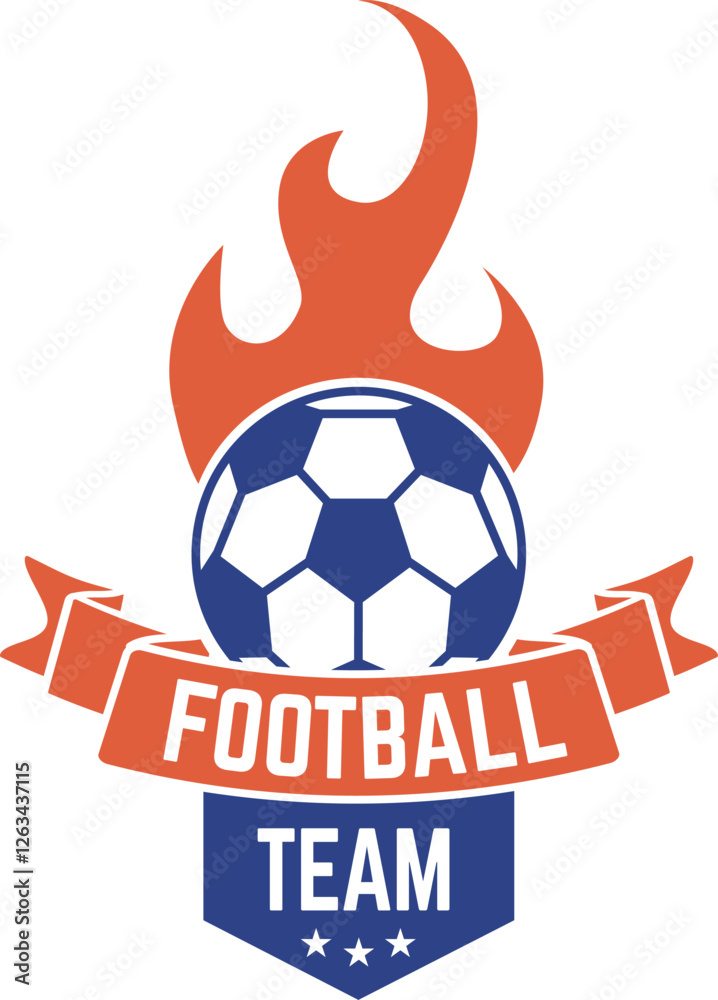 Obraz premium Football team logo displaying a burning soccer ball alongside an orange ribbon featuring the text football team set against a clean white background, radiating energy and passion