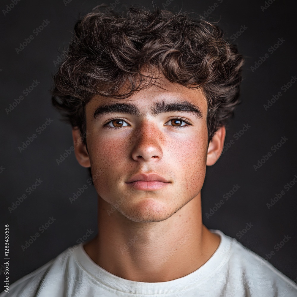 Fototapeta premium Portrait photo of a teenage boy with curly hair