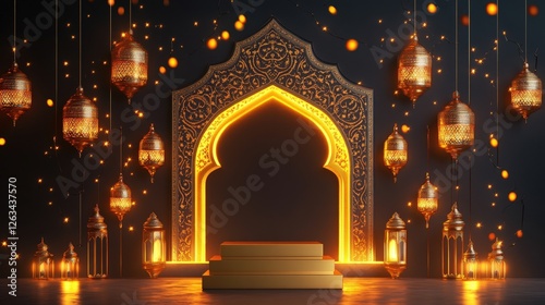 Festive Ramadan Background Golden Lanterns Archway Islamic Decorations