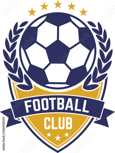 Stylish vector emblem for a football club featuring a ball, laurel wreath, five stars, and a ribbon banner with FOOTBALL CLUB in white on a blue background, perfect for sports branding