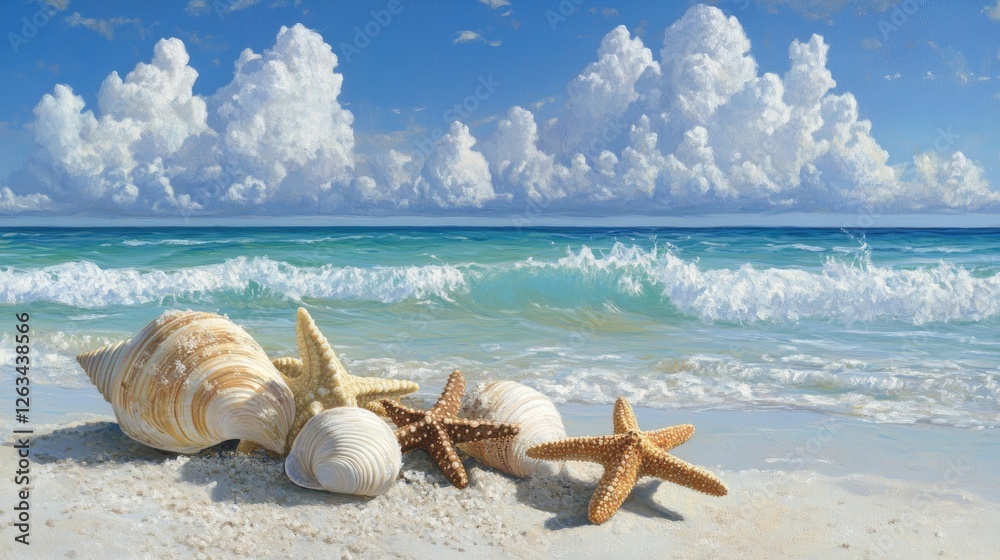 Close-up of beach treasures--seashells and starfish resting on sand, with an oceanic horizon in the distance. Close-up of beach treasures--seashells and starfish resting on sand, with an oceanic horizon in the distance.