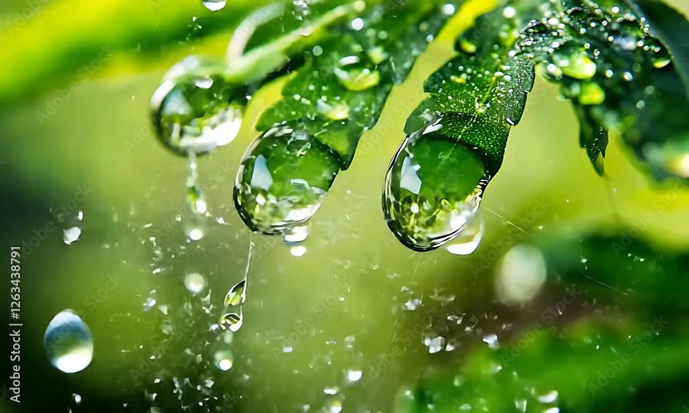 Close-up of water droplets on green leaves, showcasing nature's beauty and freshness. Close-up of water droplets on green leaves, showcasing nature's beauty and freshness.