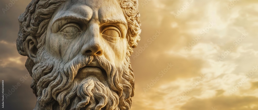 Ancient Greek Titan: Majestic Stone Sculpture Against Dramatic Sky Ancient Greek Titan: Majestic Stone Sculpture Against Dramatic Sky