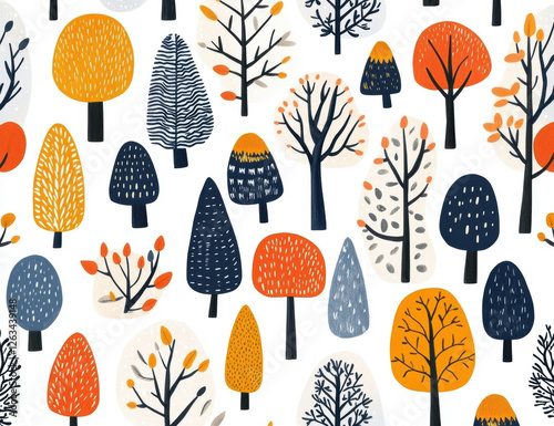 Seamless pattern featuring charming, hand-drawn trees in warm autumnal colors, evoking a whimsical forest scene