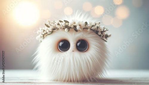 Whimsical white owl with large eyes and a floral crown, sitting on a wooden surface with a bokeh background photo