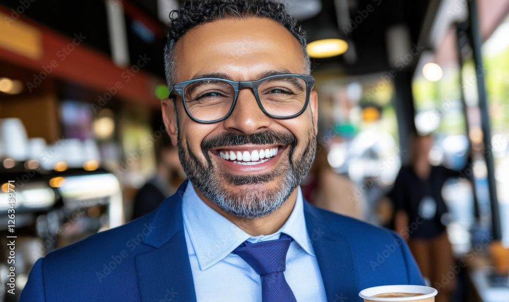 Smiling Businessman Holding Coffee Cup in a Modern Cafe Environment with Warm Lighting and Vibrant Atmosphere