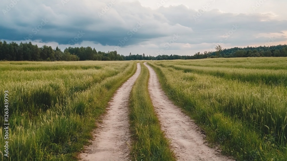 Country road through green field, storm clouds Country road through green field, storm clouds