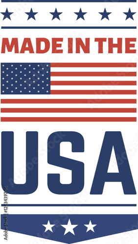 Vertical banner featuring the flag of the United States of America with the words Made in the USA and decorative stars, symbolizing American patriotism and products manufactured within the country