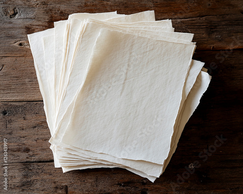 Stack of blank paper sheets on a wooden surface, symbolizing creativity, blank space, and the potential for new ideas, projects, or writing. photo