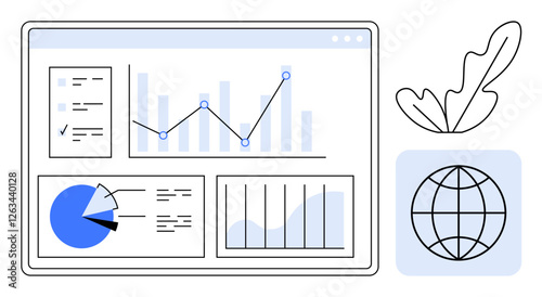 Data dashboard with line graphs, bar charts, pie chart, checklists, and a globe icon. Ideal for business analytics, global analysis, data visualization, networking marketing insights tech strategy