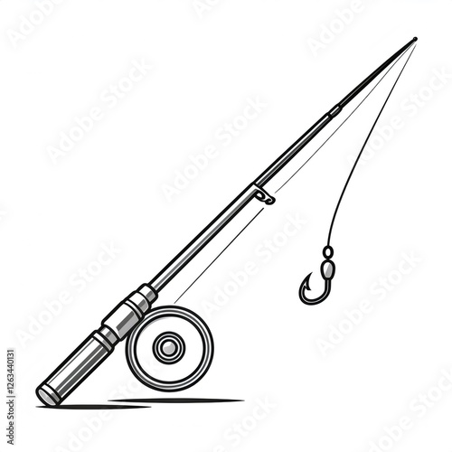 Black line art depicting a fishing rod and hook on a white background photo