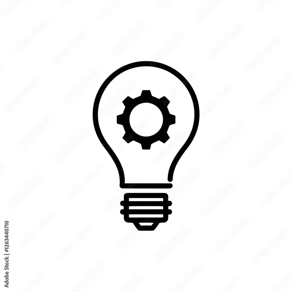 Simple black line art icon of a lightbulb with a gear inside, symbolizing innovative thinking and creative solutions Simple black line art icon of a lightbulb with a gear inside, symbolizing innovative thinking and creative solutions