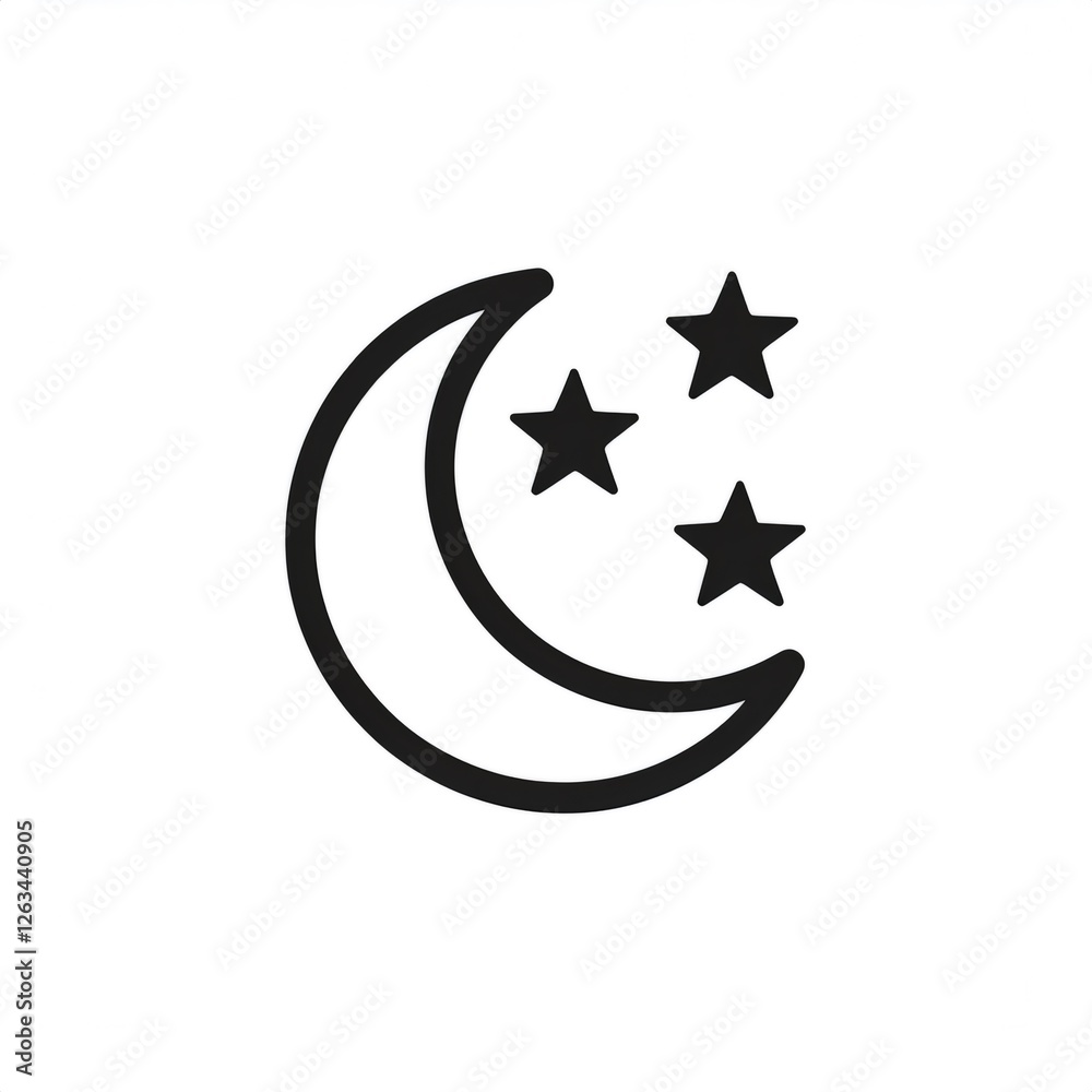 Simple black line art icon of a crescent moon with three stars, representing night, dreams, and celestial beauty Simple black line art icon of a crescent moon with three stars, representing night, dreams, and celestial beauty
