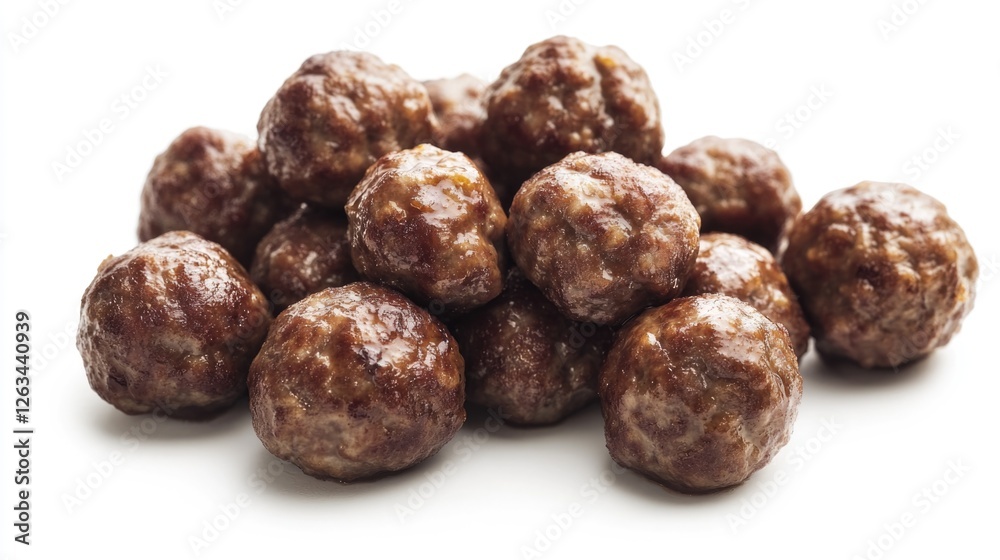 A pile of meatballs arranged neatly on a white surface, ready for serving A pile of meatballs arranged neatly on a white surface, ready for serving