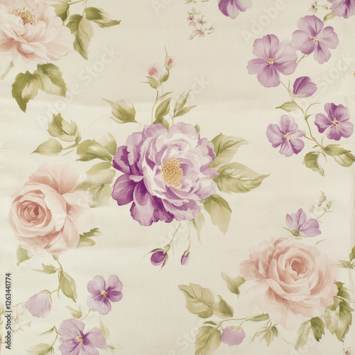 Wallpaper Mural A romantic floral illustration with delicate watercolor roses, peonies, and violets in soft pinks, purples, and creams. The gentle brushstrokes give the design a dreamy, elegant feel. Torontodigital.ca