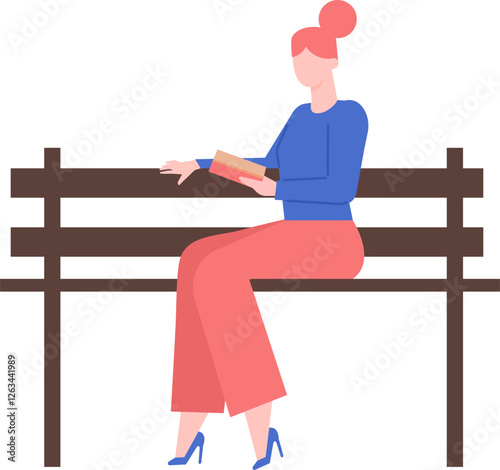 Young woman with vibrant red hair, dressed in a blue shirt, sitting comfortably on a park bench, engrossed in reading a book, savoring moments of relaxation and literary enjoyment in nature